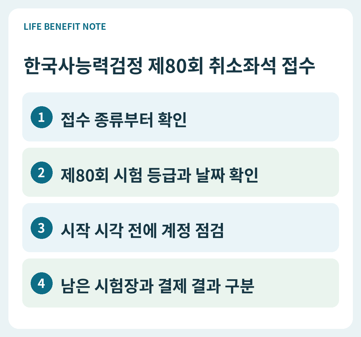 한국사능력검정 제80회 취소좌석 접수｜9월 29일 시작·잔여석 확인 판단 순서: 접수 종류부터 확인, 제80회 시험 등급과 날짜 확인, 시작 시각 전에 계정 점검, 남은 시험장과 결제 결과 구분