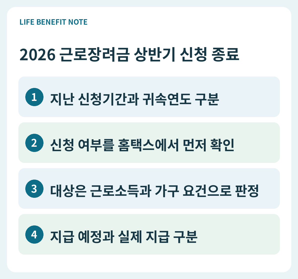 2026 근로장려금 상반기 신청 종료｜신청내역·지급 확인과 다음 일정 판단 순서: 지난 신청기간과 귀속연도 구분, 신청 여부를 홈택스에서 먼저 확인, 대상은 근로소득과 가구 요건으로 판정, 지급 예정과 실제 지급 구분