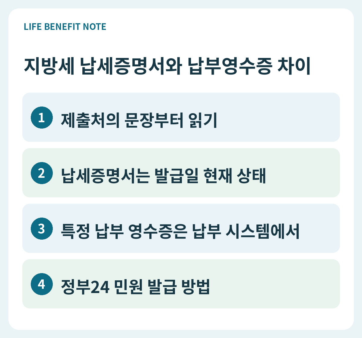 지방세 납세증명서와 납부영수증 차이｜제출 목적별 선택 판단 순서: 제출처의 문장부터 읽기, 납세증명서는 발급일 현재 상태, 특정 납부 영수증은 납부 시스템에서, 정부24 민원 발급 방법