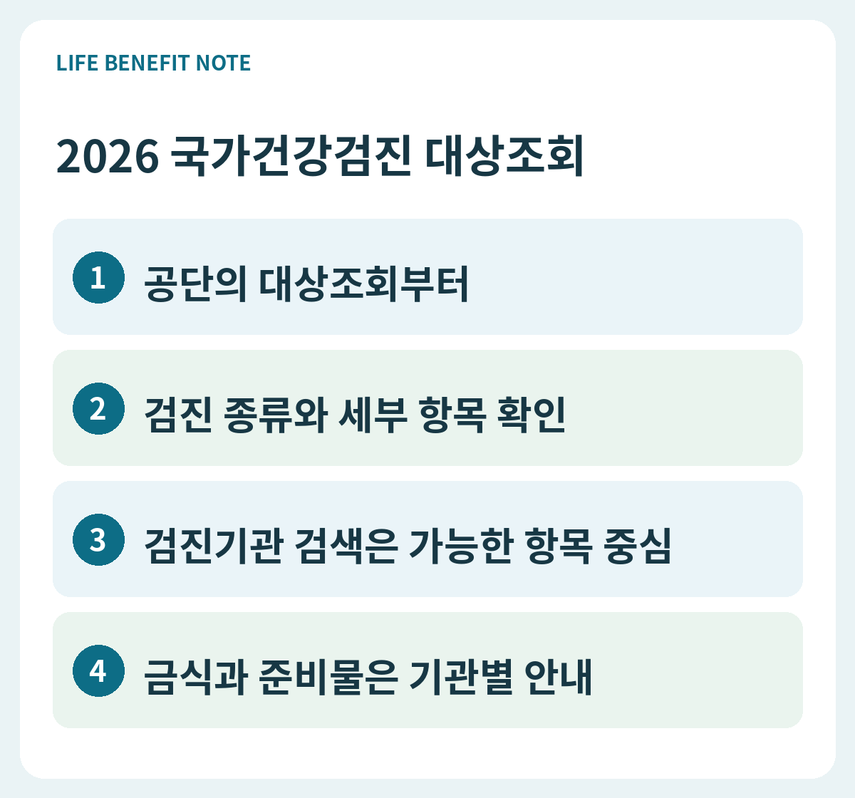2026 국가건강검진 대상조회|검진기관 찾고 예약 전 확인 판단 순서: 공단의 대상조회부터, 검진 종류와 세부 항목 확인, 검진기관 검색은 가능한 항목 중심, 금식과 준비물은 기관별 안내