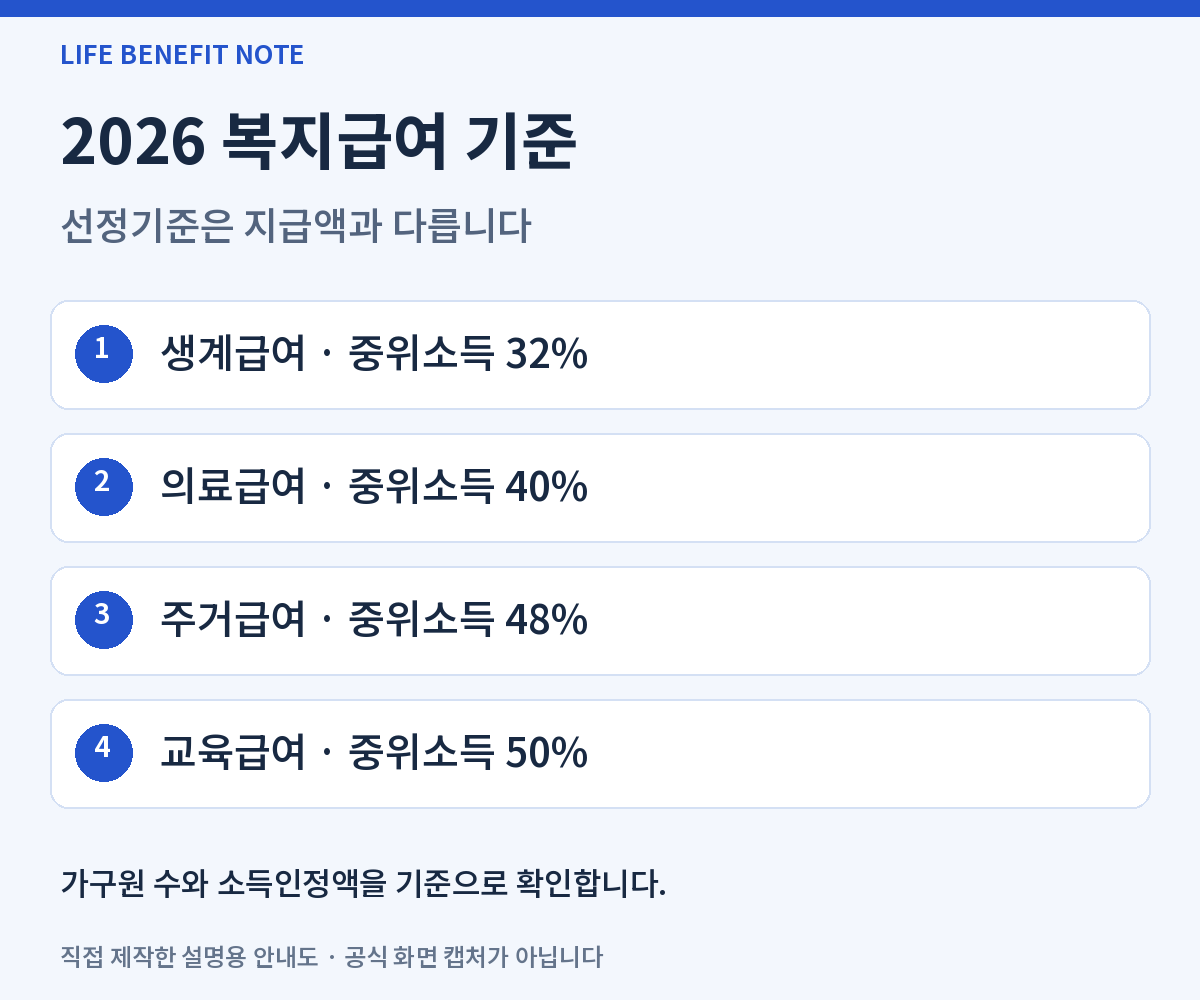 2026 복지급여 기준: 생계급여 · 중위소득 32%, 의료급여 · 중위소득 40%, 주거급여 · 중위소득 48%, 교육급여 · 중위소득 50%. 가구원 수와 소득인정액을 기준으로 확인합니다.
