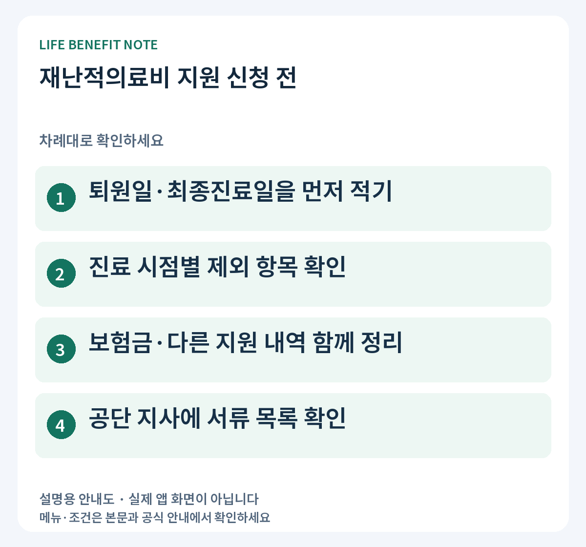 재난적의료비 지원 신청 전: 퇴원일·최종진료일을 먼저 적기, 진료 시점별 제외 항목 확인, 보험금·다른 지원 내역 함께 정리, 공단 지사에 서류 목록 확인