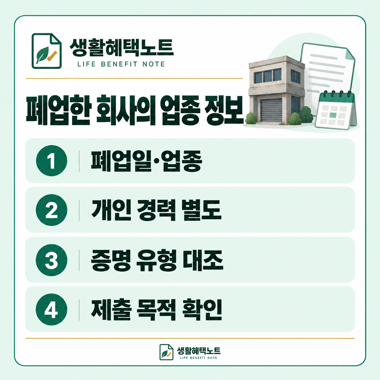 생활혜택노트 설명 그림: 폐업일·업종 · 개인 경력 별도 · 증명 유형 대조 · 제출 목적 확인