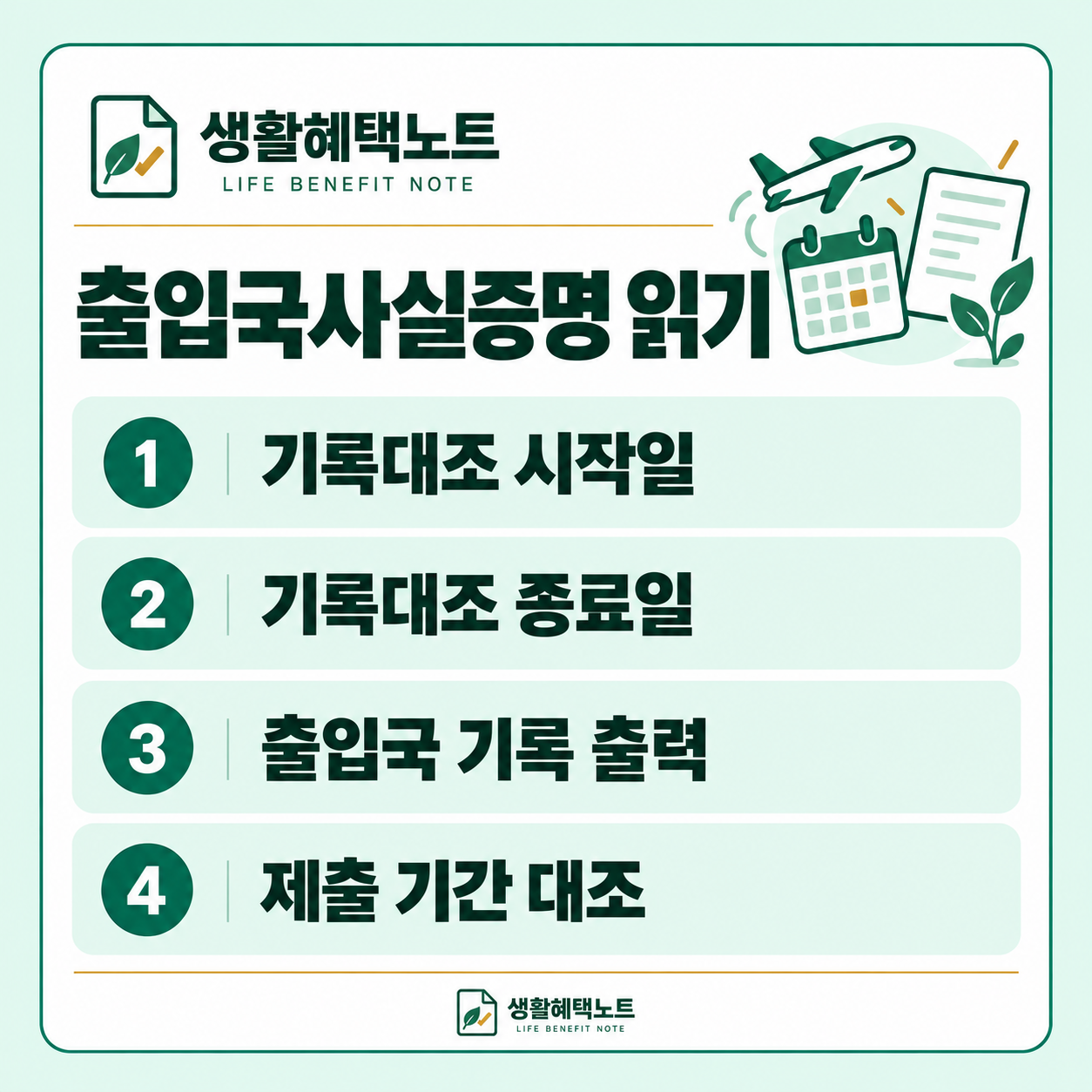 생활혜택노트 설명 그림: 기록대조 시작일 · 기록대조 종료일 · 출입국 기록 출력 · 제출 기간 대조