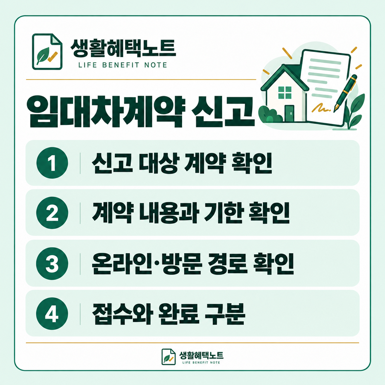 임대차계약 신고 — 신고 대상 계약 확인, 계약 내용과 기한 확인, 온라인·방문 경로 확인, 접수와 완료 구분