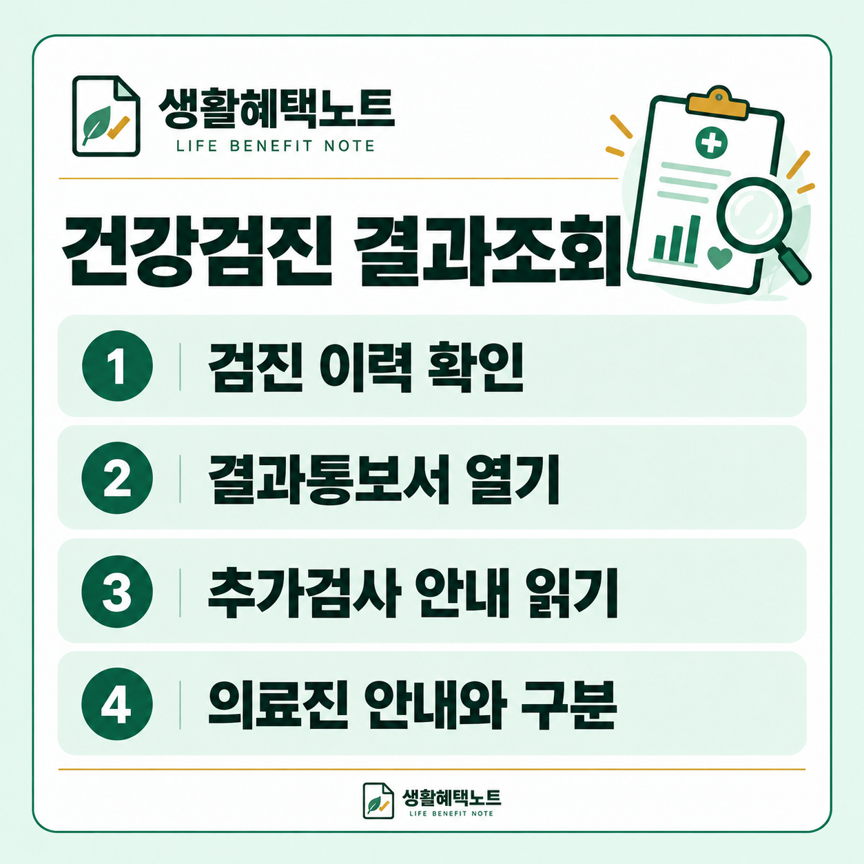 건강검진 결과조회 — 검진 이력 확인, 결과통보서 열기, 추가검사 안내 읽기, 의료진 안내와 구분