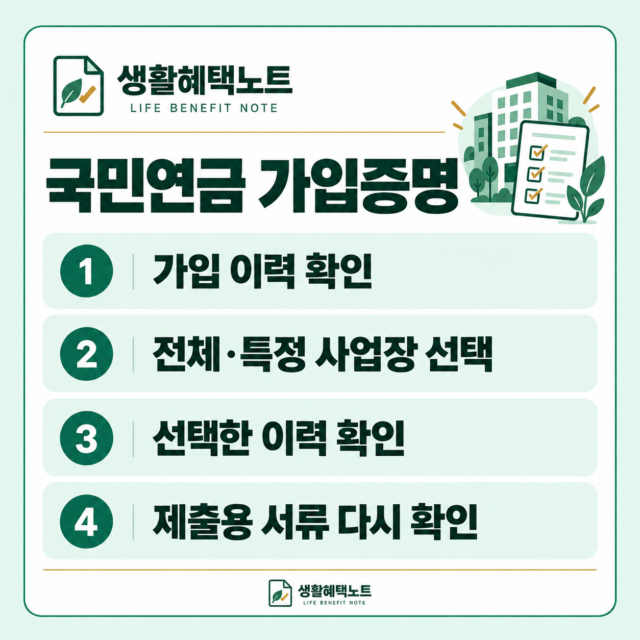 국민연금 가입증명 — 가입 이력 확인, 전체·특정 사업장 선택, 선택한 이력 확인, 제출용 서류 다시 확인