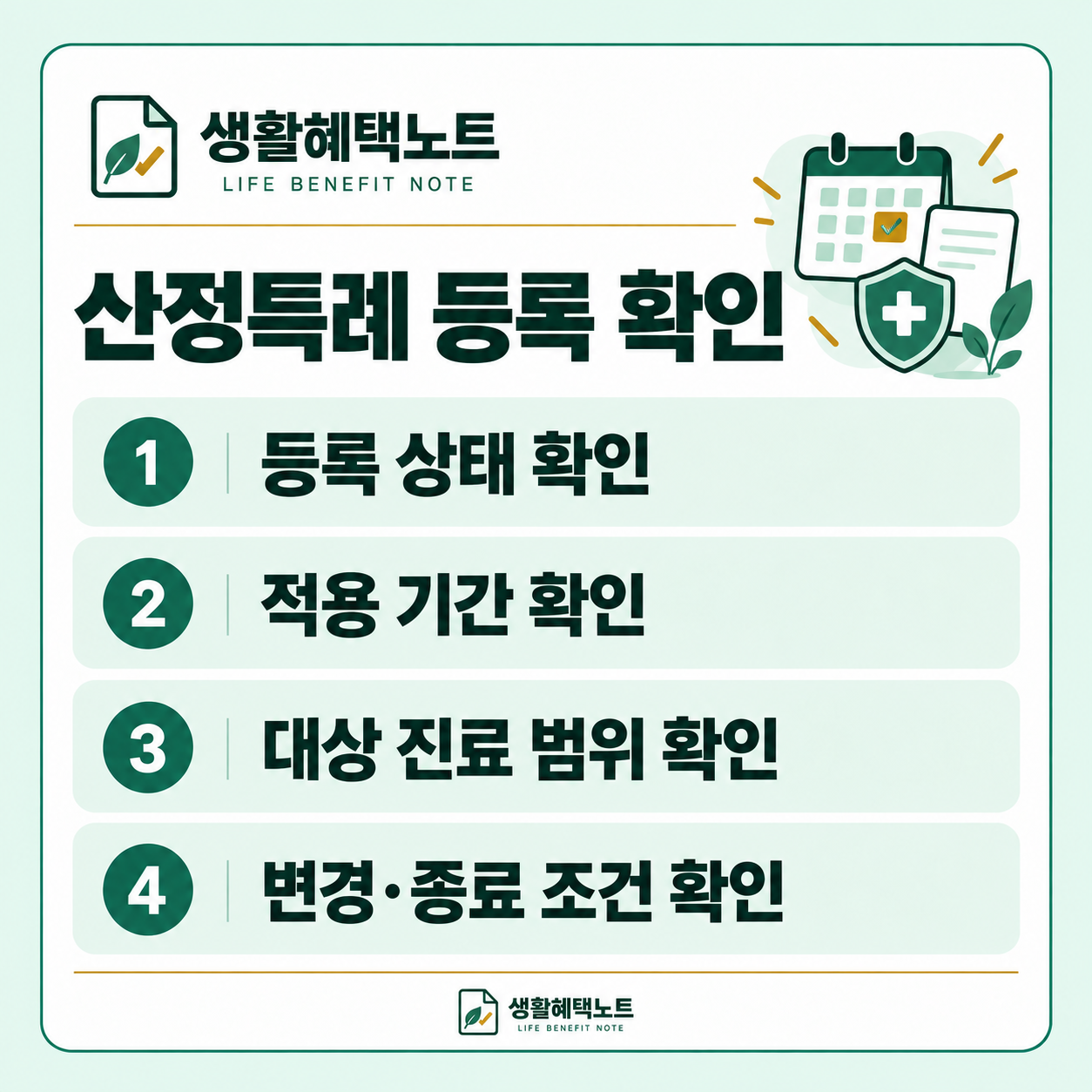 산정특례 등록 확인 — 등록 상태 확인, 적용 기간 확인, 대상 진료 범위 확인, 변경·종료 조건 확인