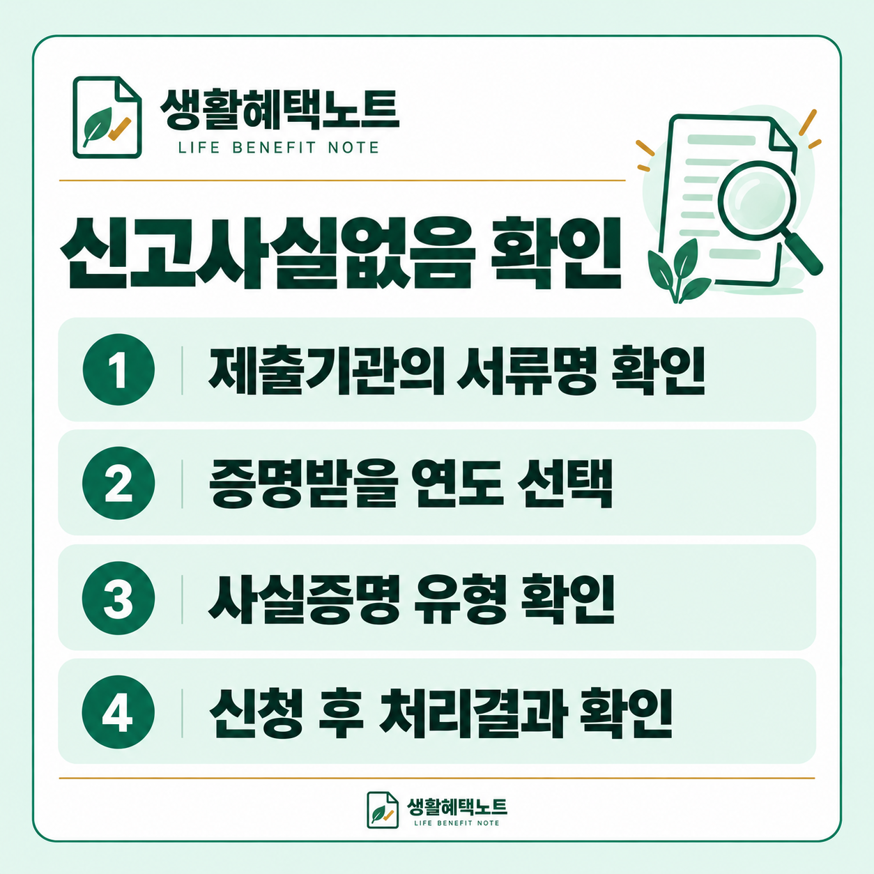 신고사실없음 확인 — 제출기관의 서류명 확인, 증명받을 연도 선택, 사실증명 유형 확인, 신청 후 처리결과 확인