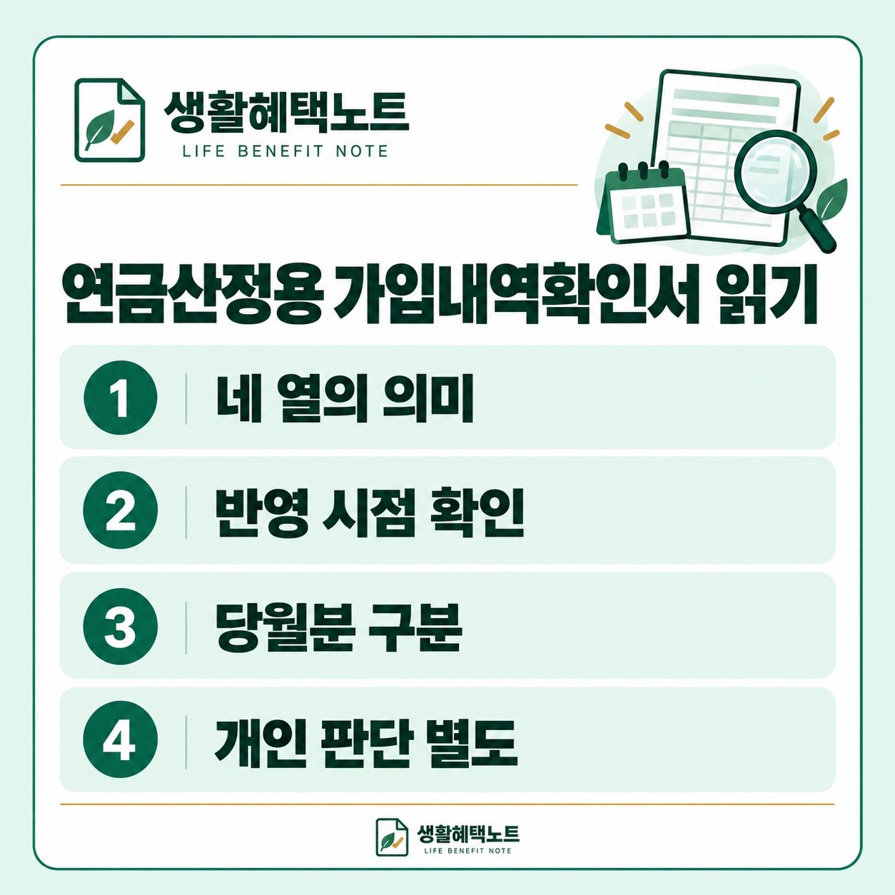 생활혜택노트 설명 그림: 네 열의 의미 · 반영 시점 확인 · 당월분 구분 · 개인 판단 별도