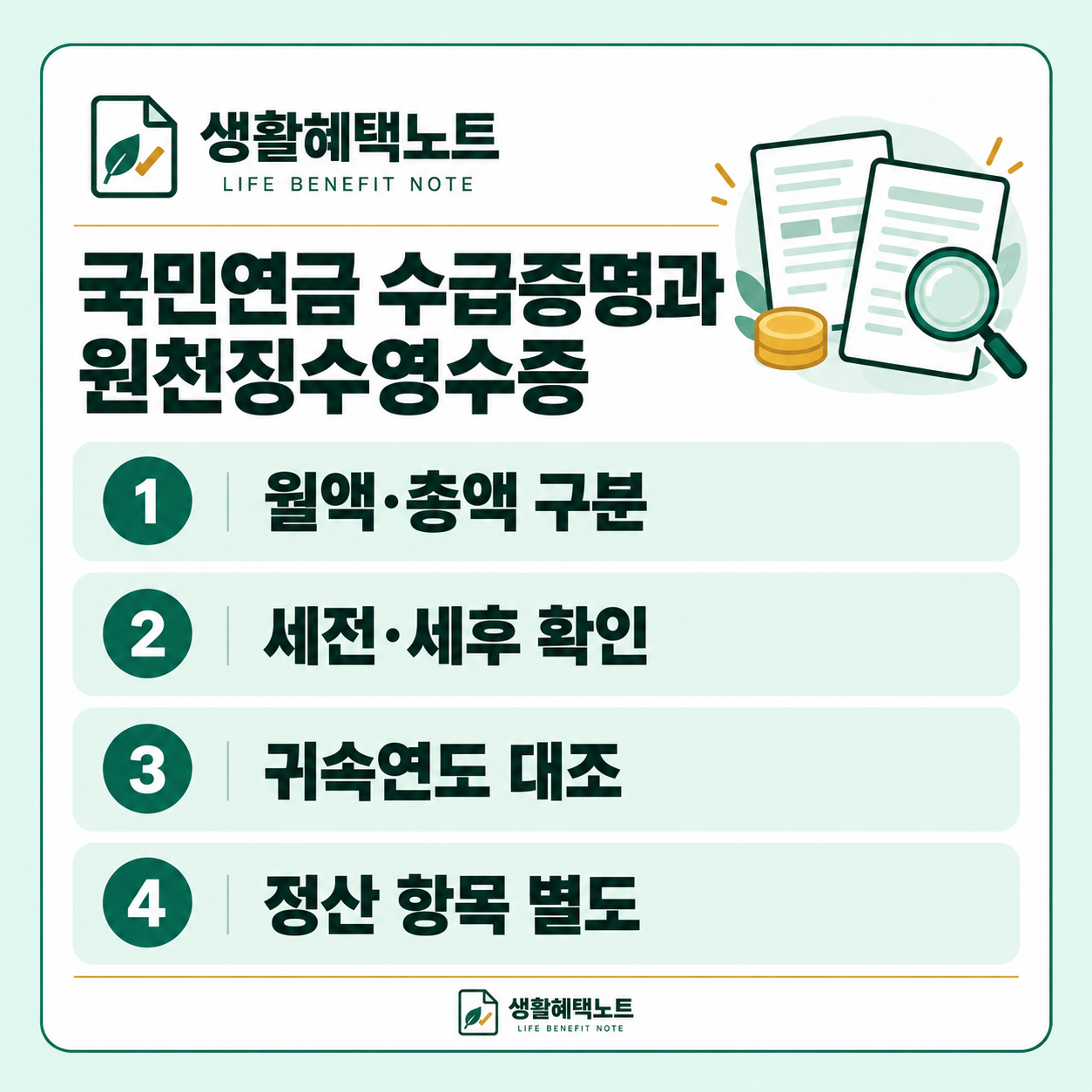 생활혜택노트 설명 그림: 월액·총액 구분 · 세전·세후 확인 · 귀속연도 대조 · 정산 항목 별도