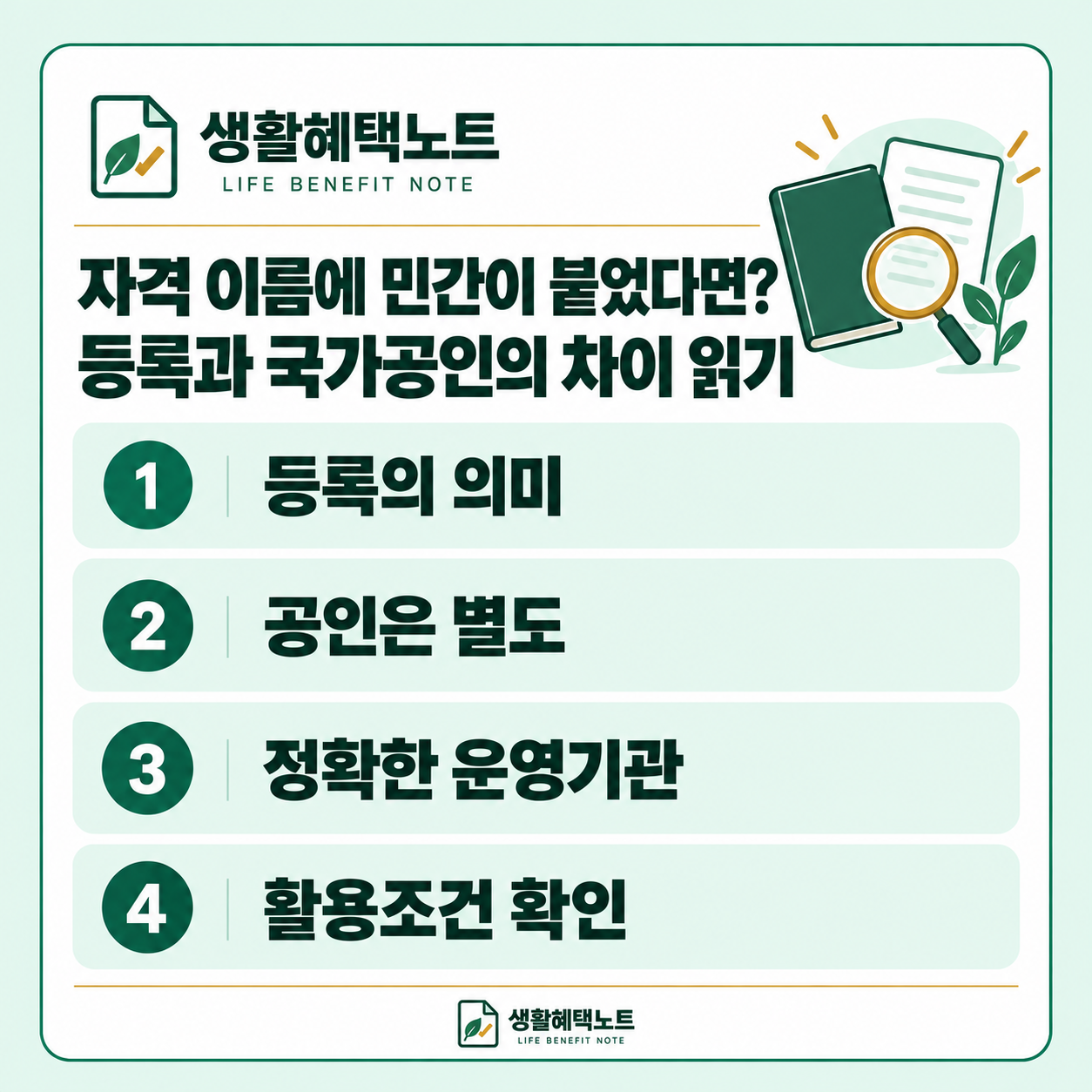 생활혜택노트 설명 그림: 등록의 의미 · 공인은 별도 · 정확한 운영기관 · 활용조건 확인