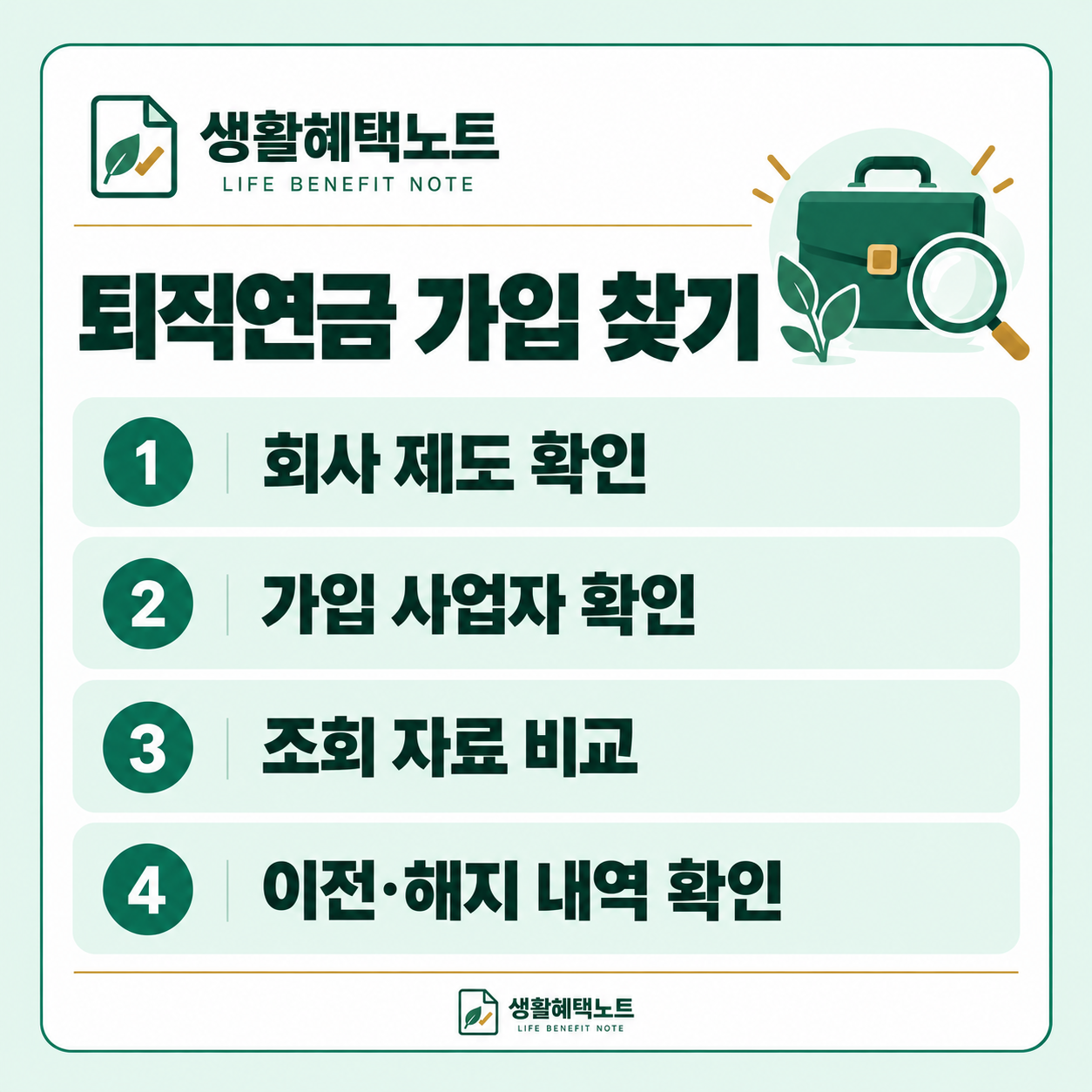 퇴직연금 가입 찾기 — 회사 제도 확인, 가입 사업자 확인, 조회 자료 비교, 이전·해지 내역 확인