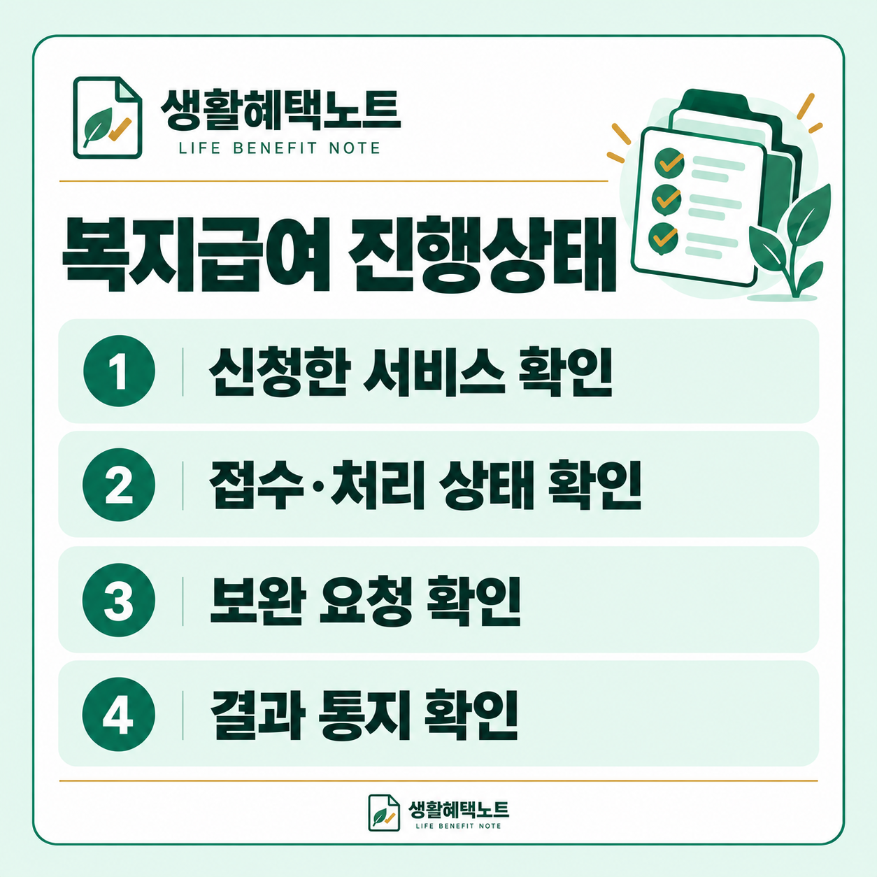 복지급여 진행상태 — 신청한 서비스 확인, 접수·처리 상태 확인, 보완 요청 확인, 결과 통지 확인